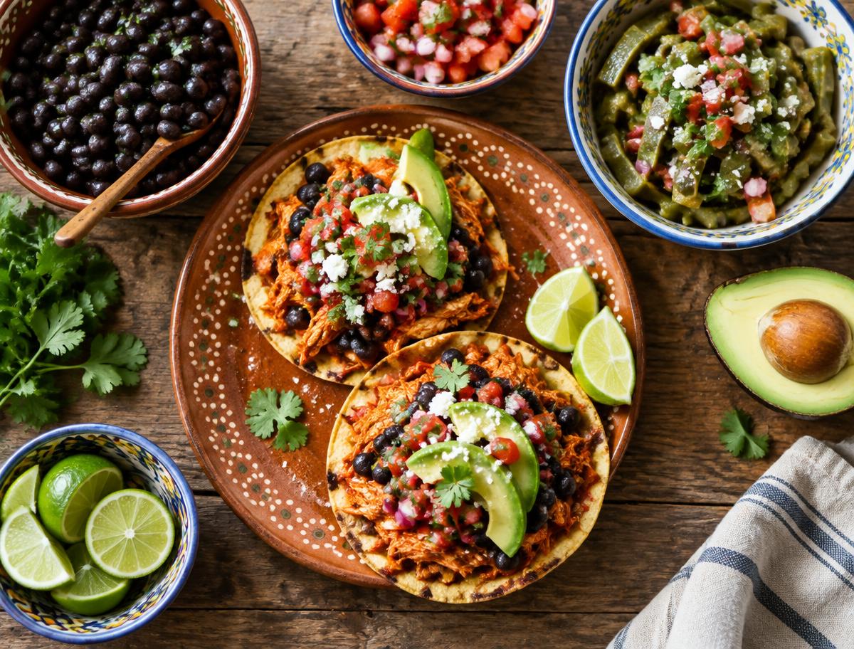 Tostadas de tinga de pollo con aguacate, frijoles, nopales y limón